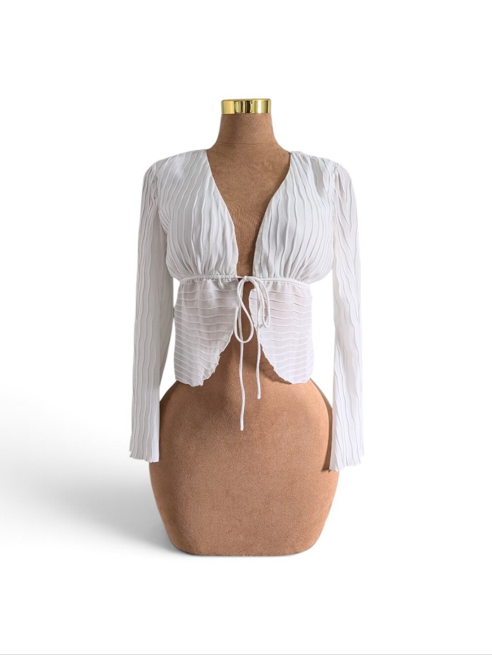 Princess Polly White Long Sleeve Tie-Front Pleated Top